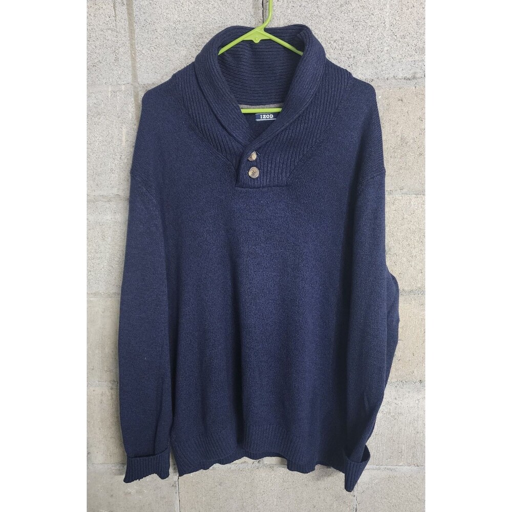 IZOD Long Sleeve Pullover Shawl Collar Button Knit Men's Sweater Blue Size XL